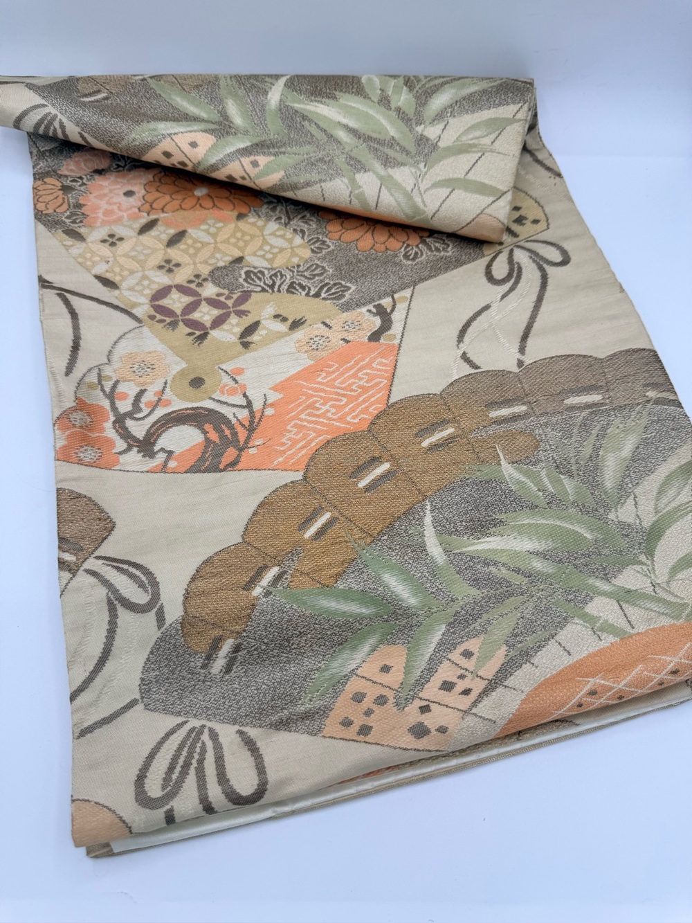 Vintage Japanese Obi Sash/Runner with Peach, Sage & Beige Fan Palette